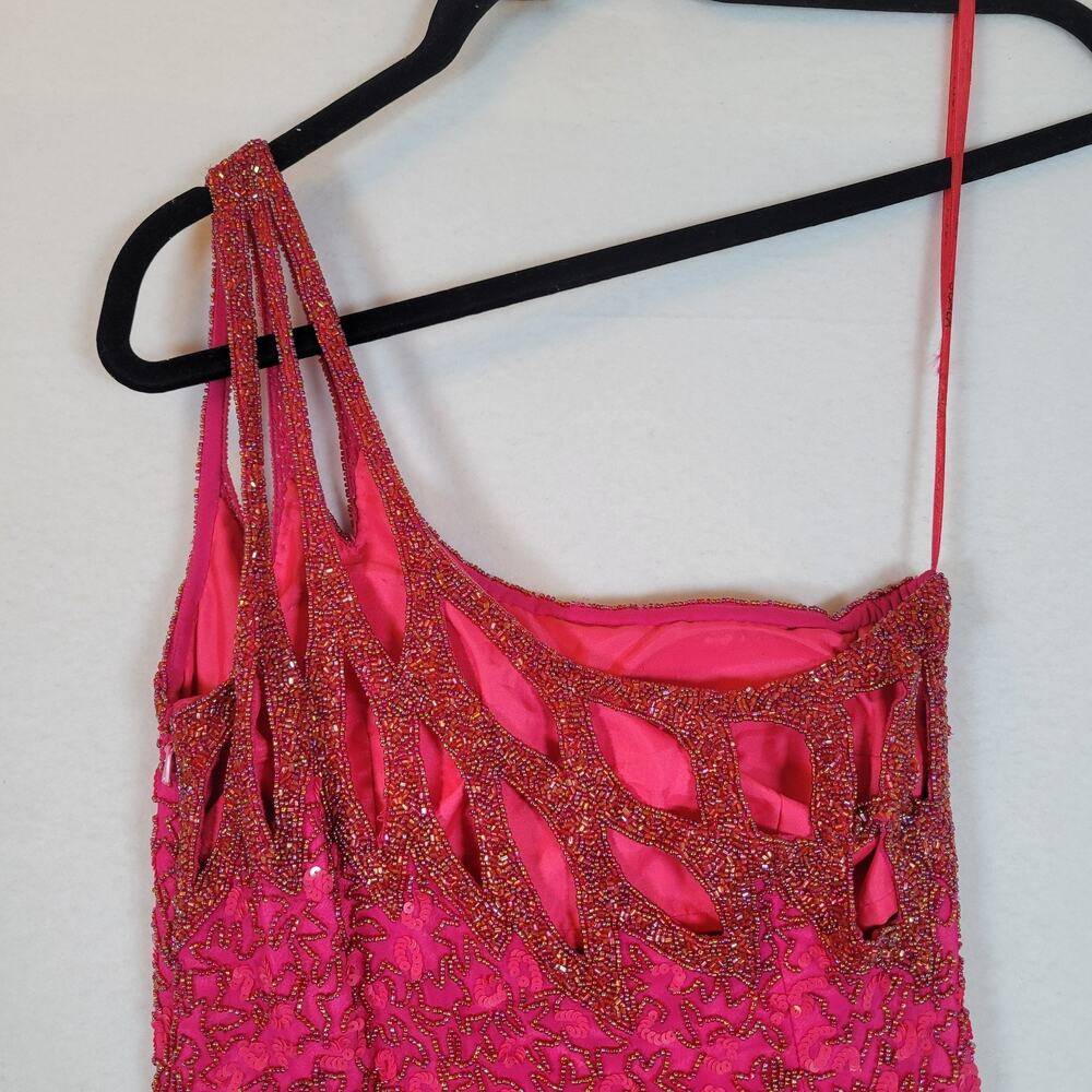 Scala Womens Beaded Silk One Shoulder Cut Out Maxi Dress Gown Size Small Pink - Picture 2 of 11